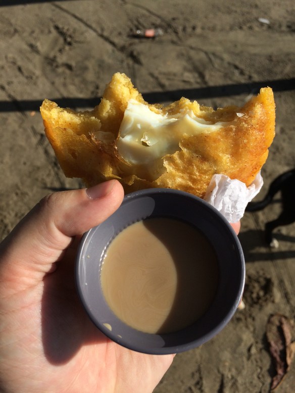 Colombian arepa. A bit dry. Dogs didn't mind...