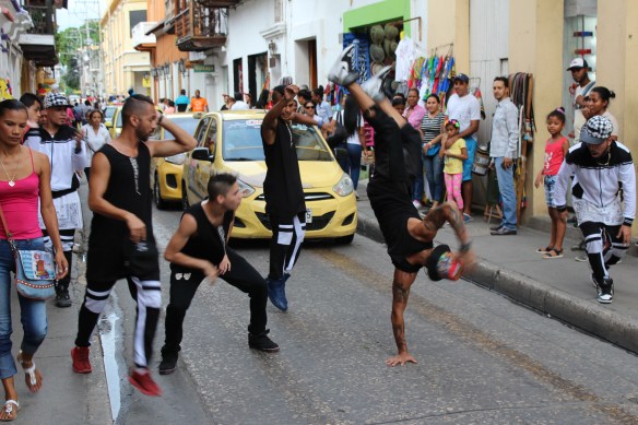 Street dancers holding up traffic in Cartagena